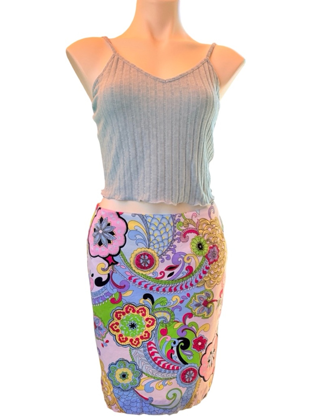 Melly M Pink Multicolor Paisley Cotton Lycra Stretch Skirt & Crop Top Sz 6